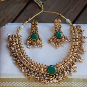 Intricately Detailed Temple Necklace Set with Green Stone