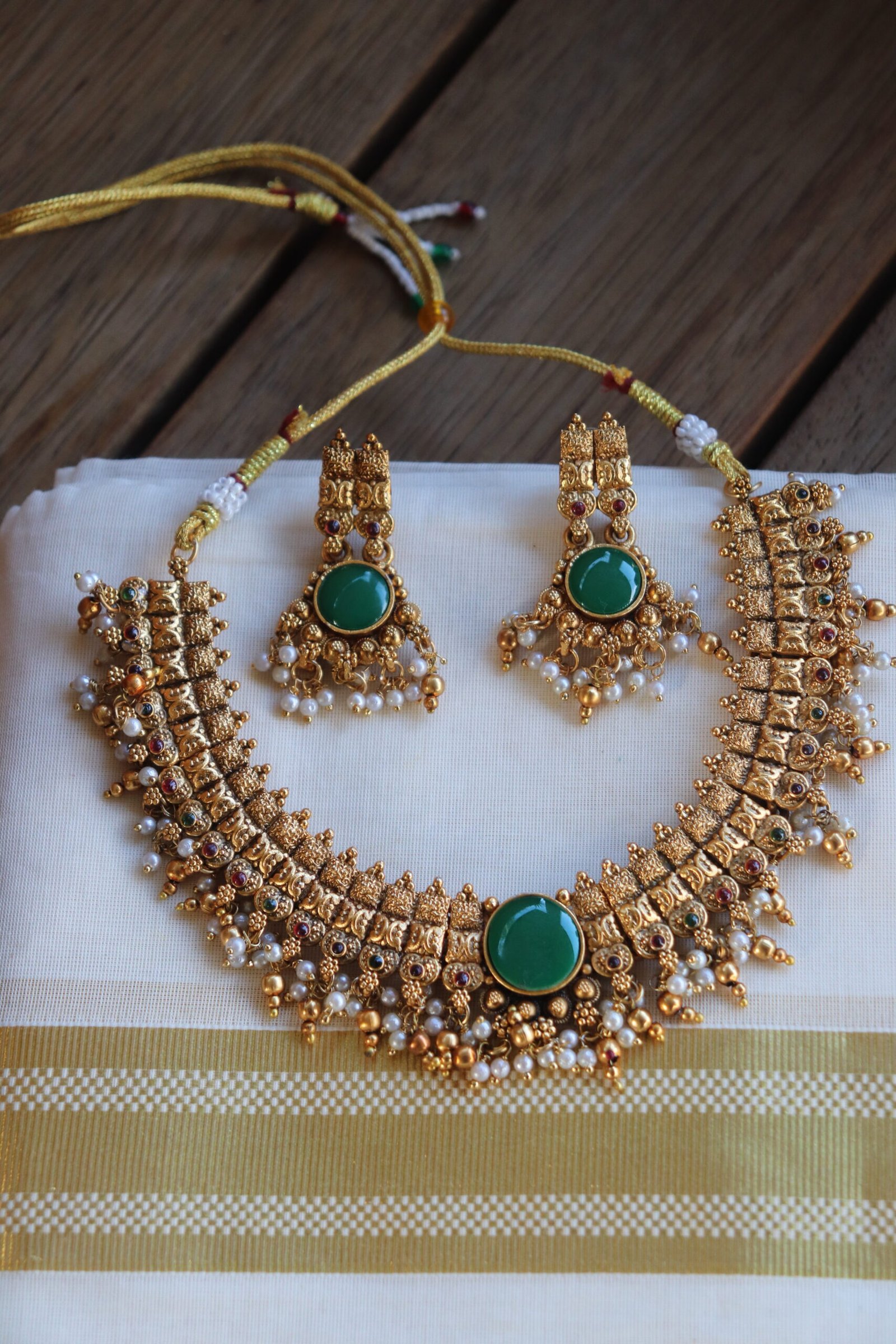 Intricately Detailed Temple Necklace Set with Green Stone