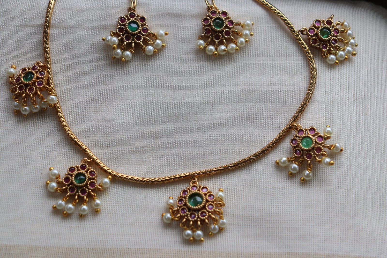 Floral Pearl and Stone Necklace Set - Image 2