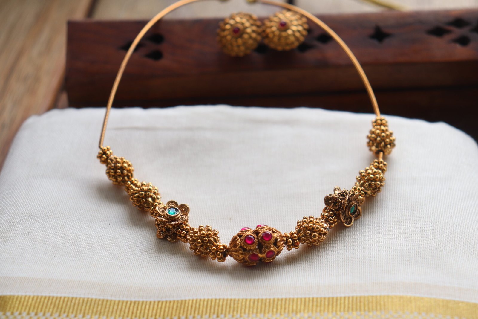 Ornate Beaded Gold Choker Set