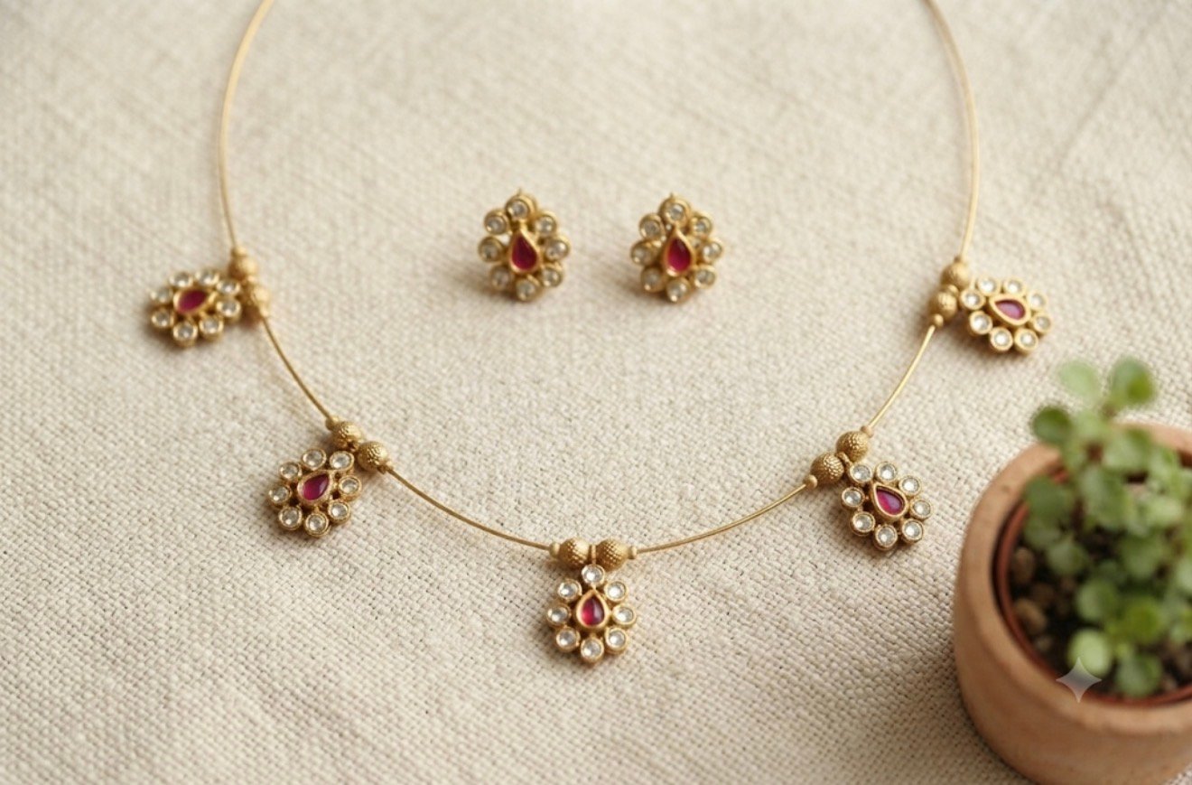Kundan-Style Gold Wire Choker Set with Ruby Accents