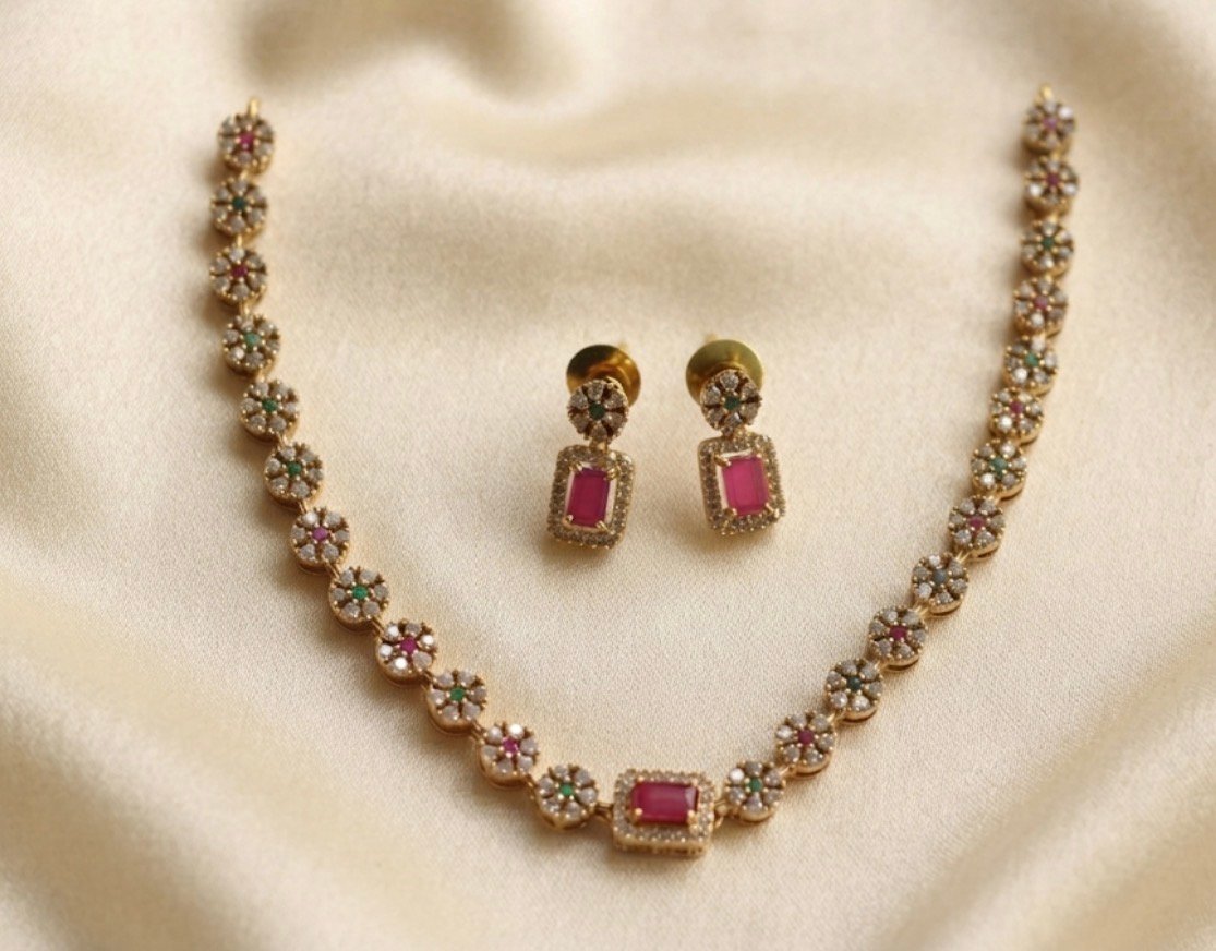 Floral & Ruby Navratna Gold Set