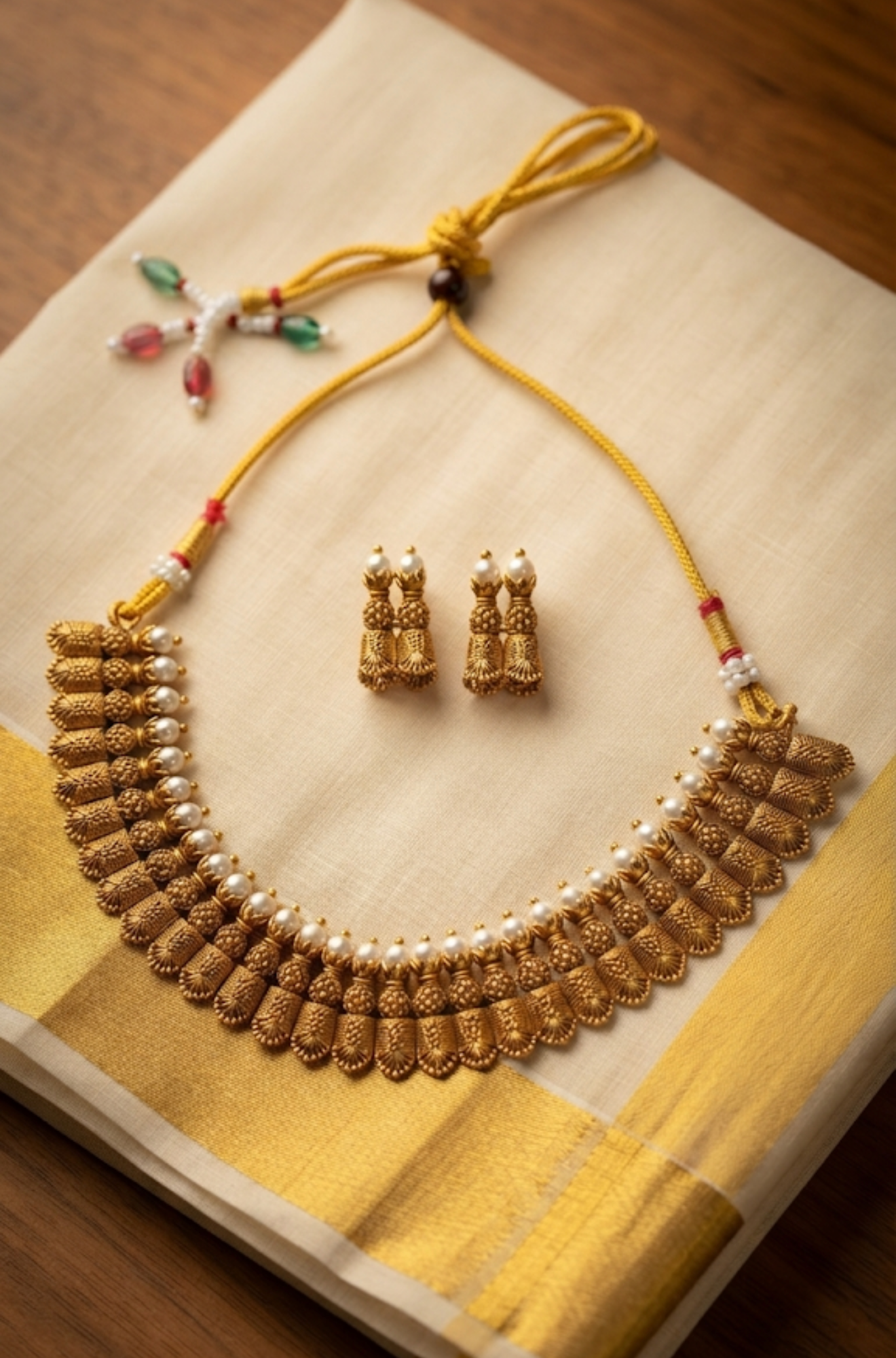 Traditional Pearl-Embellished Antique Gold Set